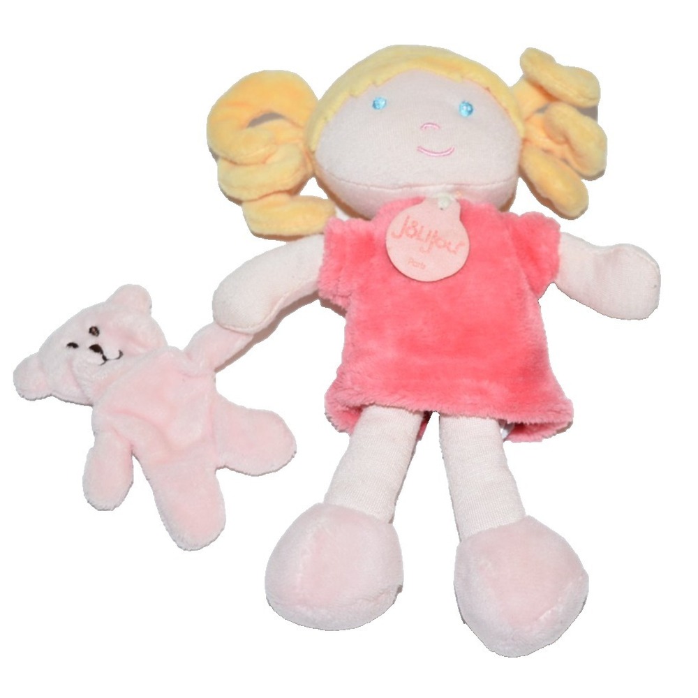 Jolijou Paris Plush Doll Baby Lovey with Pink Bear Demoiselle Corail Blonde 8"‎